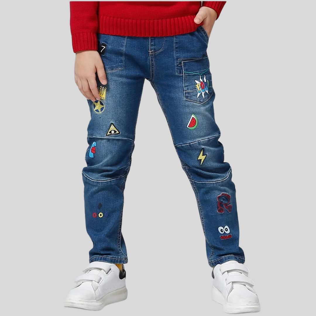 Fashion Cute Kids Boy's Denim Jeans with Printing and Embroidery